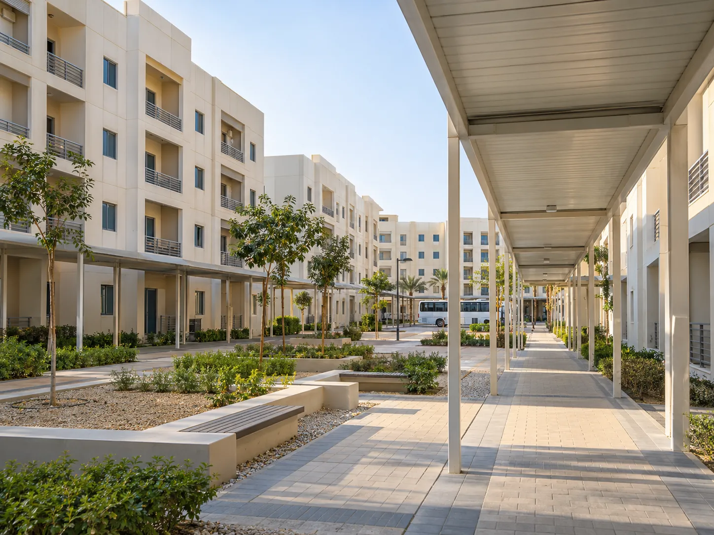 Illustrative modern workforce accommodation courtyard with shaded walkways