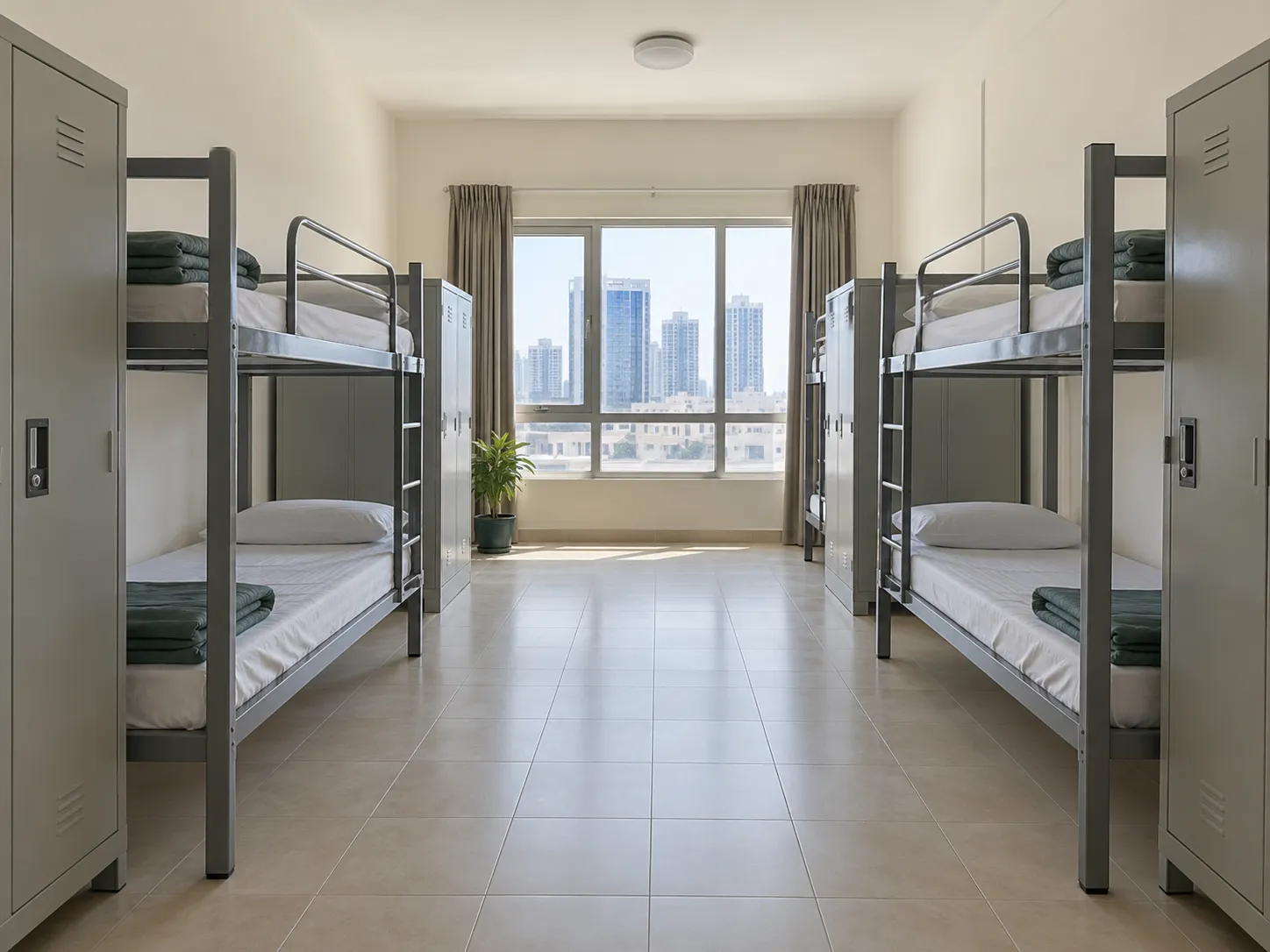 Illustrative shared accommodation room with bunk beds