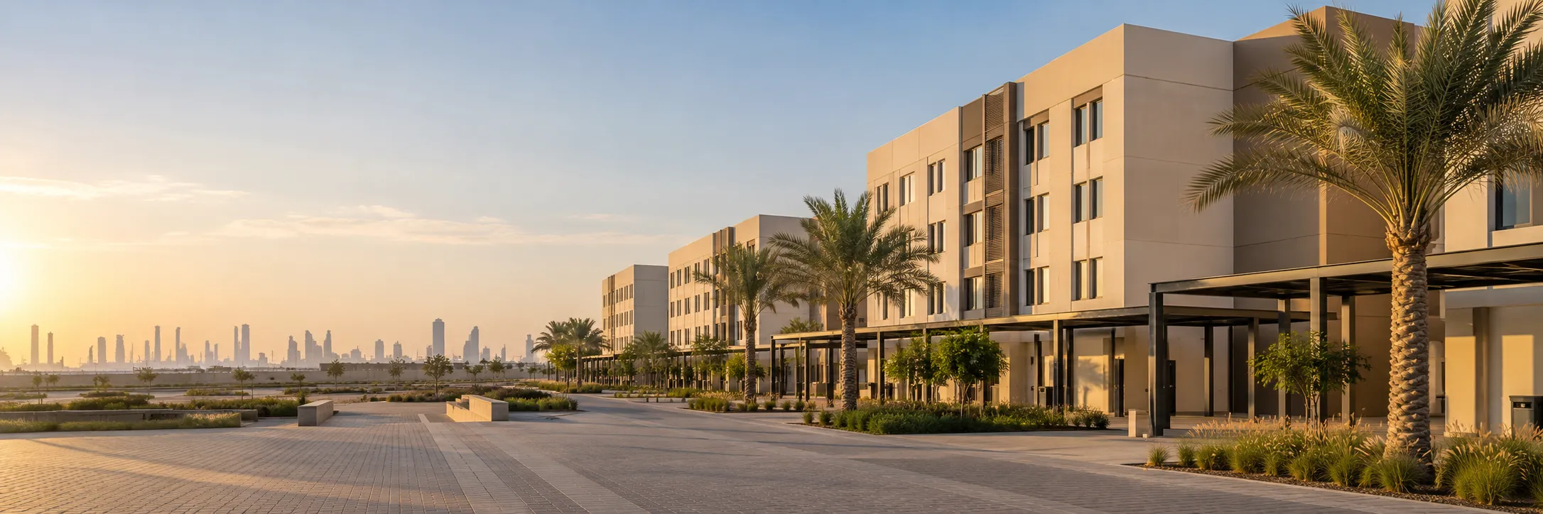 Modern workforce accommodation complex in Dubai at sunset